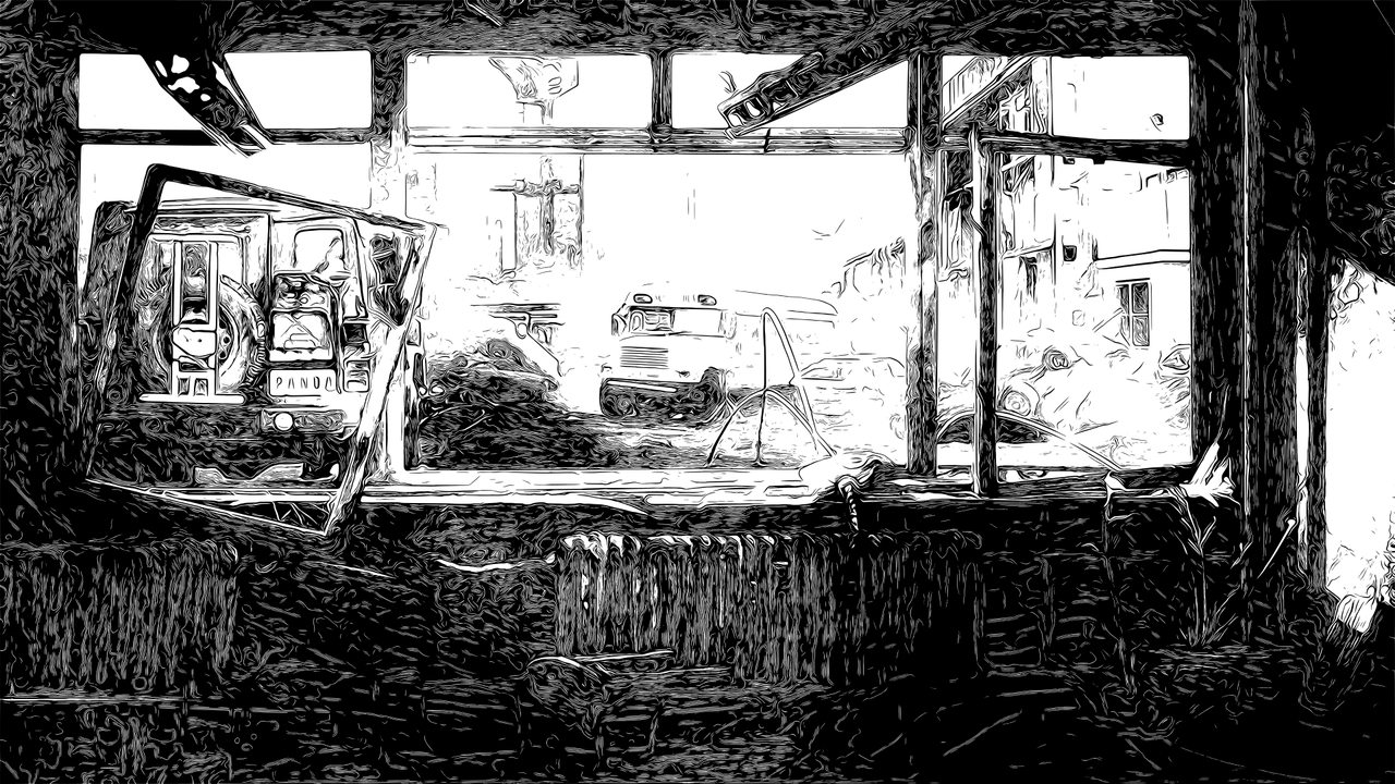 Dessin en noir et blanc d'un magasin dévasté